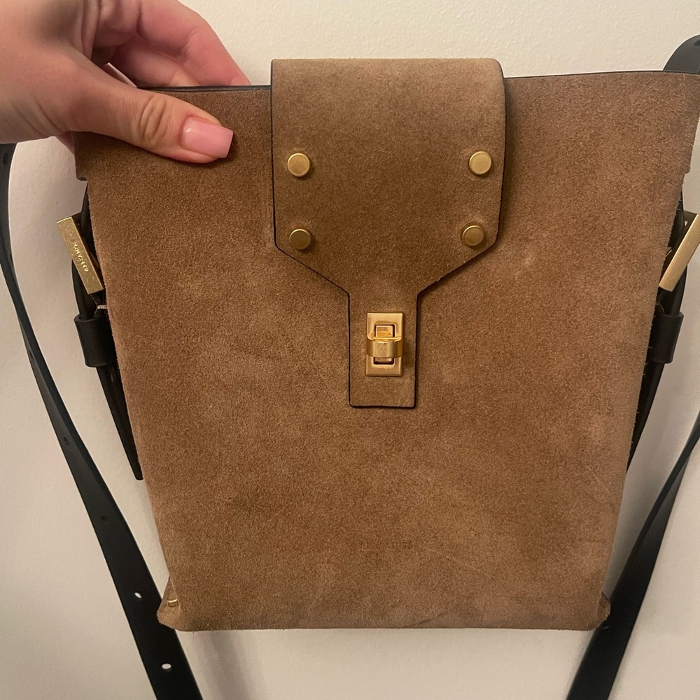 AllSaints Suede Crossbody Bucket Bag in Taupe with Black Strap - Picture 7 of 13